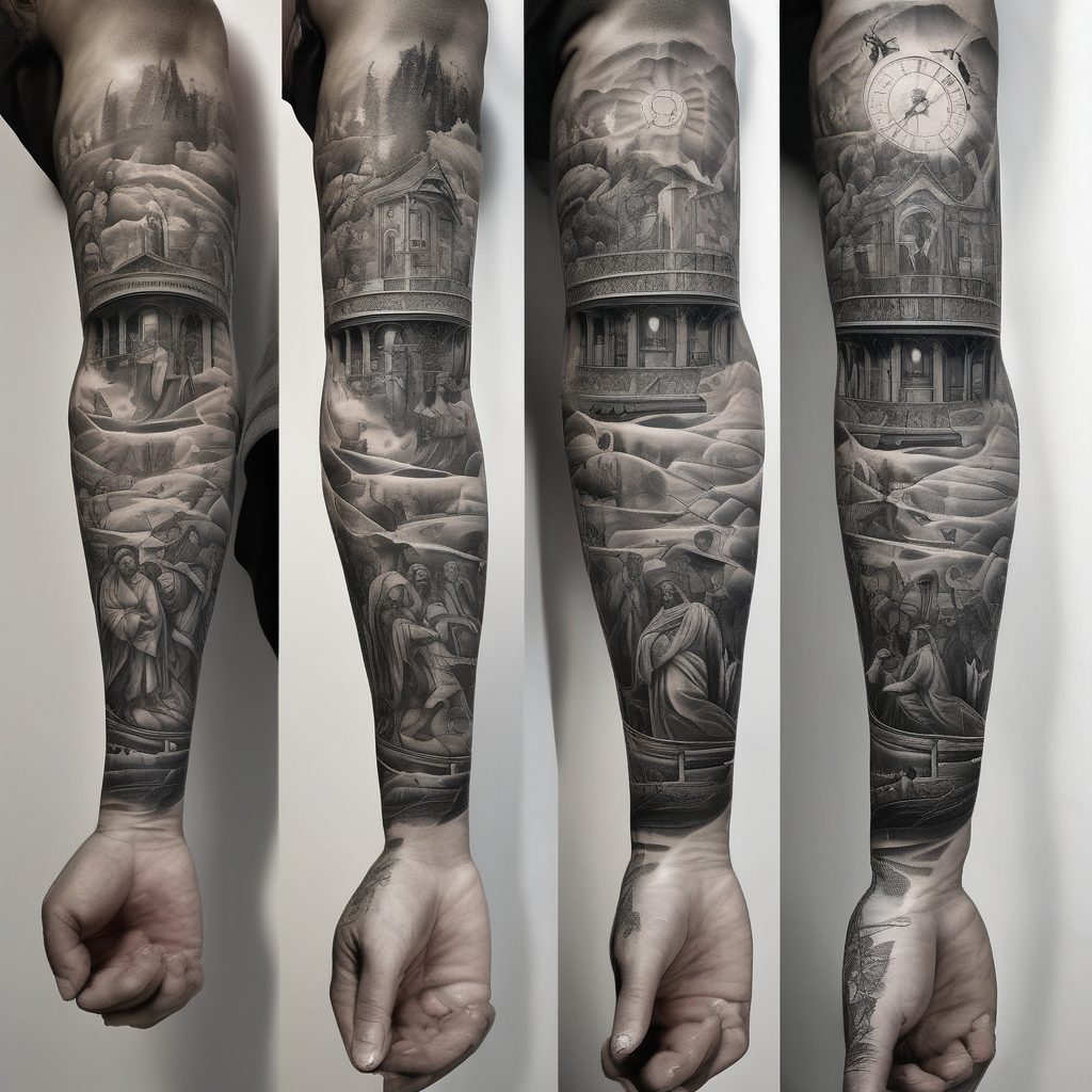 full sleeve arm tattoo of jesus timeline of life cute tattoo idea, diseño de tatuaje Surrealista generado con IA